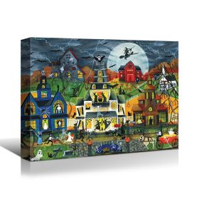 1pcs Drop-Shipping Framed Canvas Wall Art Decor Painting For Halloween, Haunted Ghost Town Painting For Halloween Gift,2418in- Thickness 1.5inch
