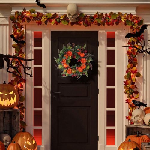 17.71IN Autumn Wreath with Pumpkin Mixed Leaves Berries Flowers Fall Decoration for Indoor Outdoor Window Wall Front Door in Halloween Thanks Giving D 17.71IN Autumn Wreath with Pumpkin Mixed Leaves Berries Flowers Fall Decoration for Indoor Outdoor Window Wall Front Door in Halloween Thanks Giving D