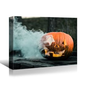 1 PCS Drop-Shipping Framed Canvas Wall Art Decor Painting For Halloween, Skeleton with Jack-o-lanterns Painting For Halloween Gift