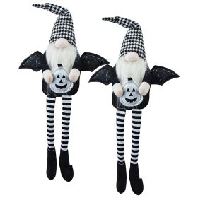 Set of 2, 4.3x3.5x23.5" Fabric Sitting Black Gnome With Wings & Black-White Plaid Hat, for Halloween Decor
