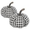 Set of 2, 7x7x6.7" Fabric Black-White Plaid Pumpkin Decor, for Holiday Halloween Decoration