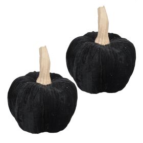Set of 2, 9.5" Black Velvet Pumpkin Large, for Holiday Halloween Decor