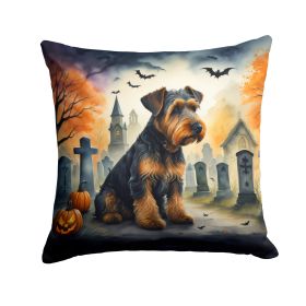 Airedale Terrier Spooky Halloween Throw Pillow Machine Washable, Indoor Outdoor Decorative Pillow for Couch, Bed or Patio, 18Hx18W