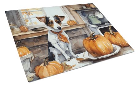 Jack Russell Terrier Fall Kitchen Pumpkins Glass Cutting Board Decorative Tempered Glass Kitchen Cutting and Serving Board Large Size Chopping Board