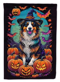 Australian Shepherd Witchy Halloween House Flag Large Porch Sleeve Pole Decorative Outside Yard Banner Artwork Wall Hanging, Polyester, House Size