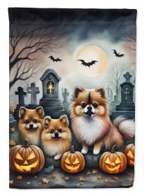 Pomeranian Spooky Halloween House Flag Large Porch Sleeve Pole Decorative Outside Yard Banner Artwork Wall Hanging, Polyester, House Size, Multicolor