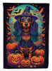 Longhair Black and Tan Dachshund Witchy Halloween House Flag Large Porch Sleeve Pole Decorative Outside Yard Banner Artwork Wall Hanging, Polyester