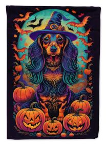 Longhair Black and Tan Dachshund Witchy Halloween House Flag Large Porch Sleeve Pole Decorative Outside Yard Banner Artwork Wall Hanging, Polyester