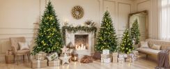8FT, 6FT, 4FT Pre-Lit Green Pine Artificial Christmas Tree, Set of 3 Hinged Xmas Trees with 820 Warm-Yellow LED Lights and 2539 Branch Tips