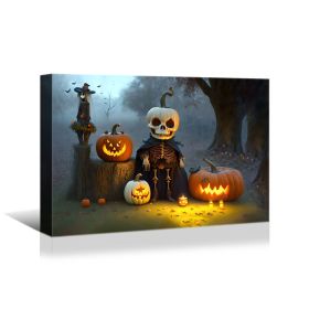 1pcs Drop-Shipping Framed Canvas Wall Art Decor Painting For Halloween, Skeleton with Jack-o-lanterns Painting For Halloween Gift (Color: as Pic)