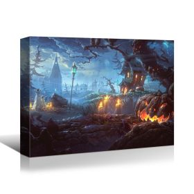 Drop-Shipping Framed Canvas Wall Art Decor Painting For Halloween, Haunted Jack-o-lanterns Farm Painting For Halloween Gift (Color: as Pic)